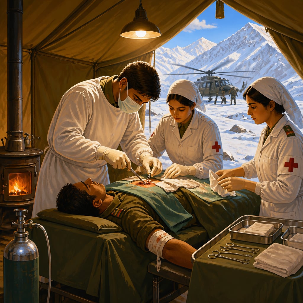 Army Medical Corps surgeon operating in a field tent on a snowy Kargil ridge