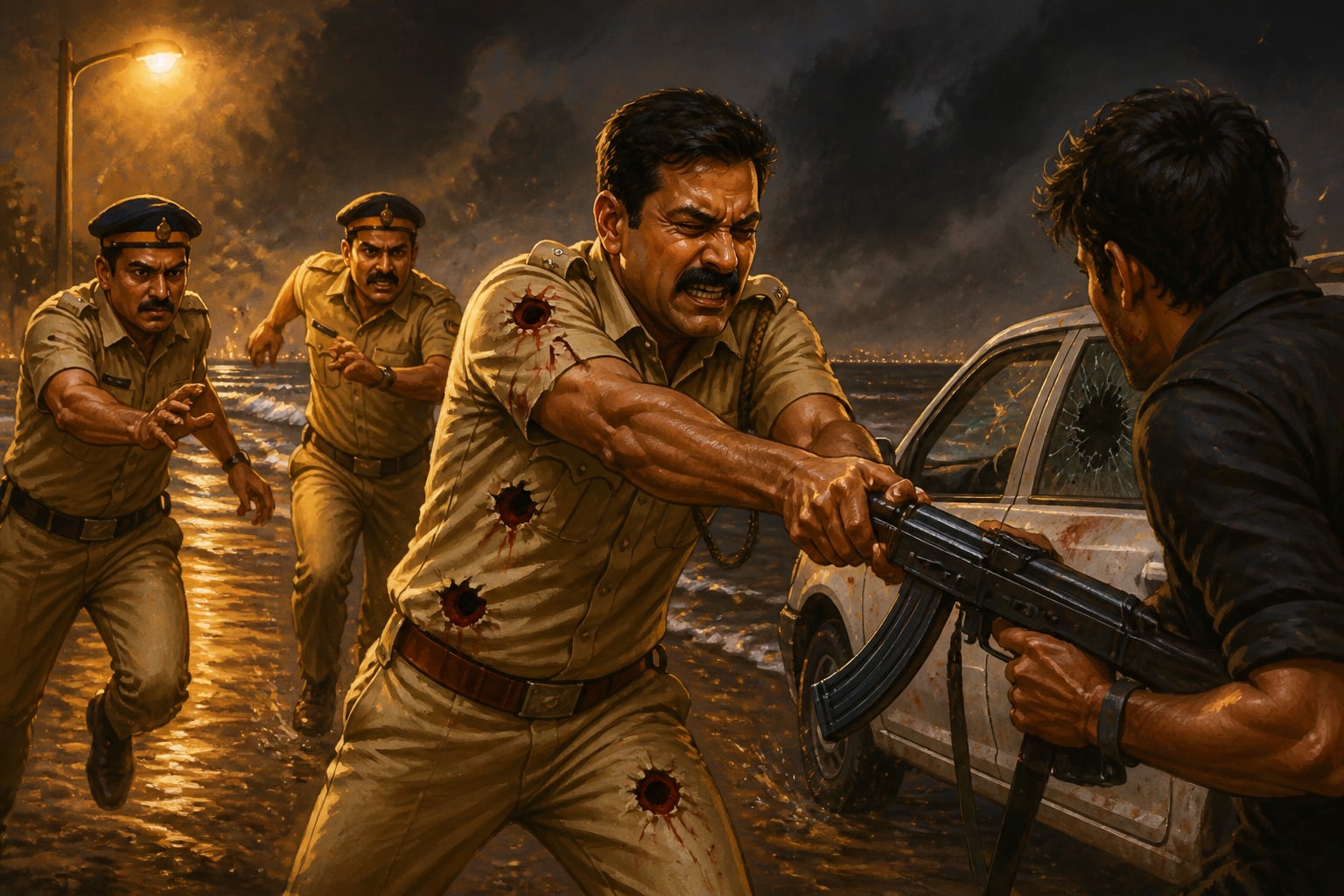ASI Tukaram Omble seizing Kasab's rifle at Girgaum Chowpatty