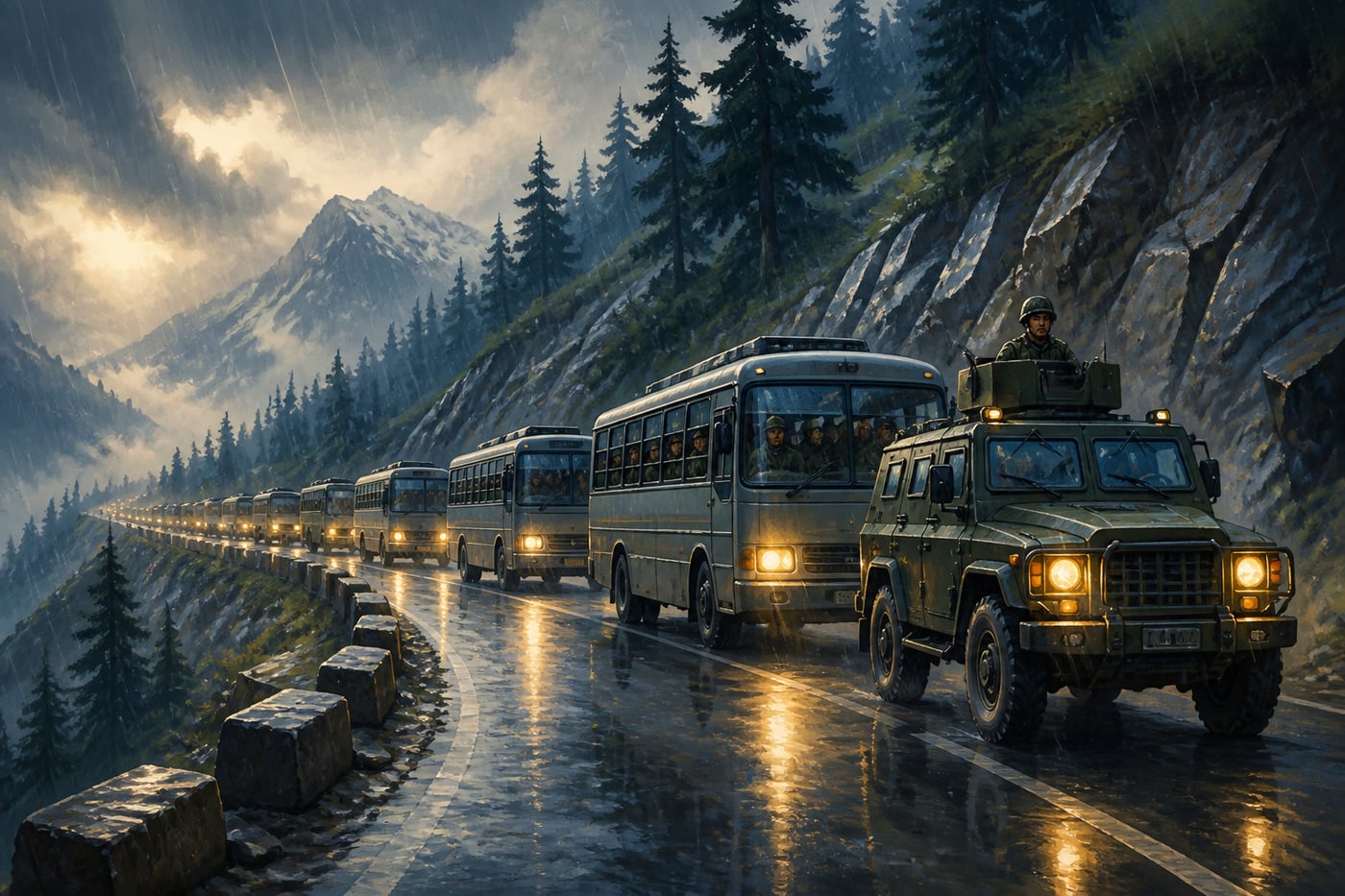 CRPF convoy on the Jammu Srinagar highway in monsoon rain