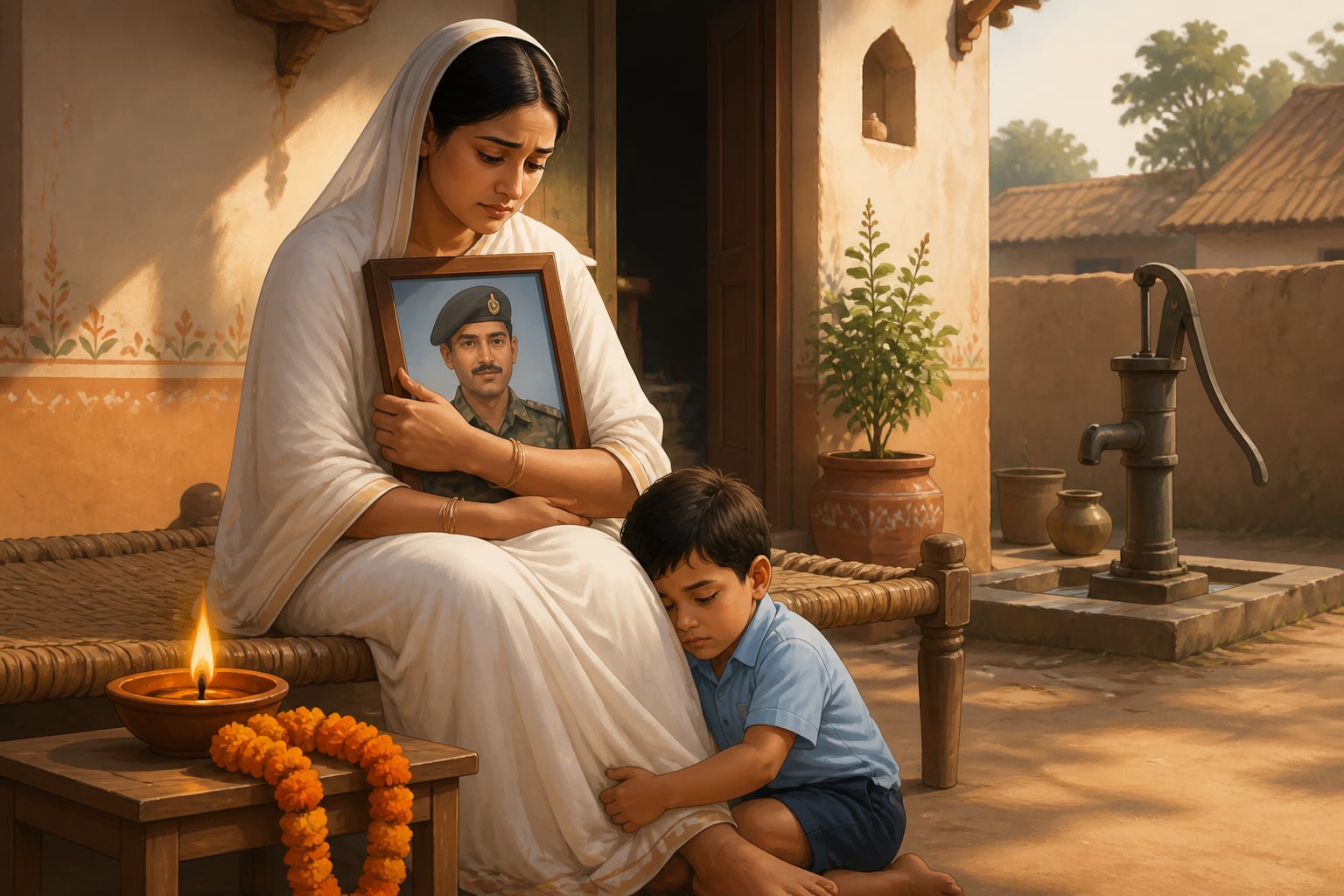 A young widow with her son before her CRPF husband's photo