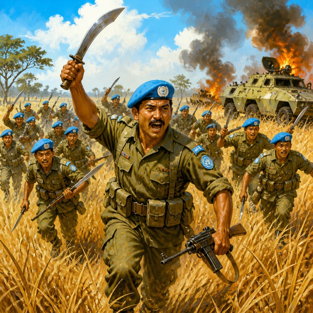Captain Gurbachan Singh Salaria leading the Gorkha khukri charge in Congo 1961