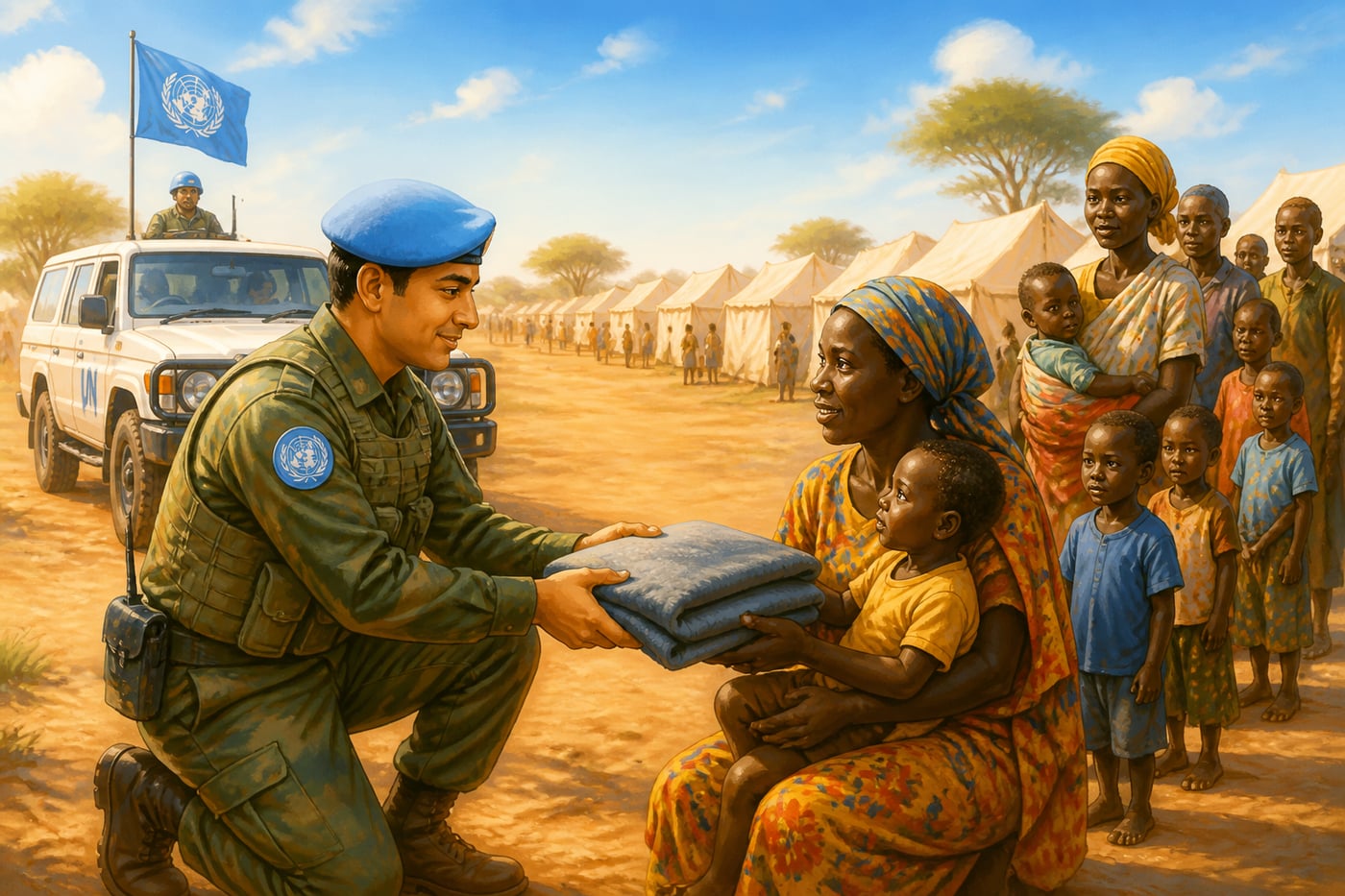 An Indian peacekeeper distributing aid at a UNMISS camp in South Sudan
