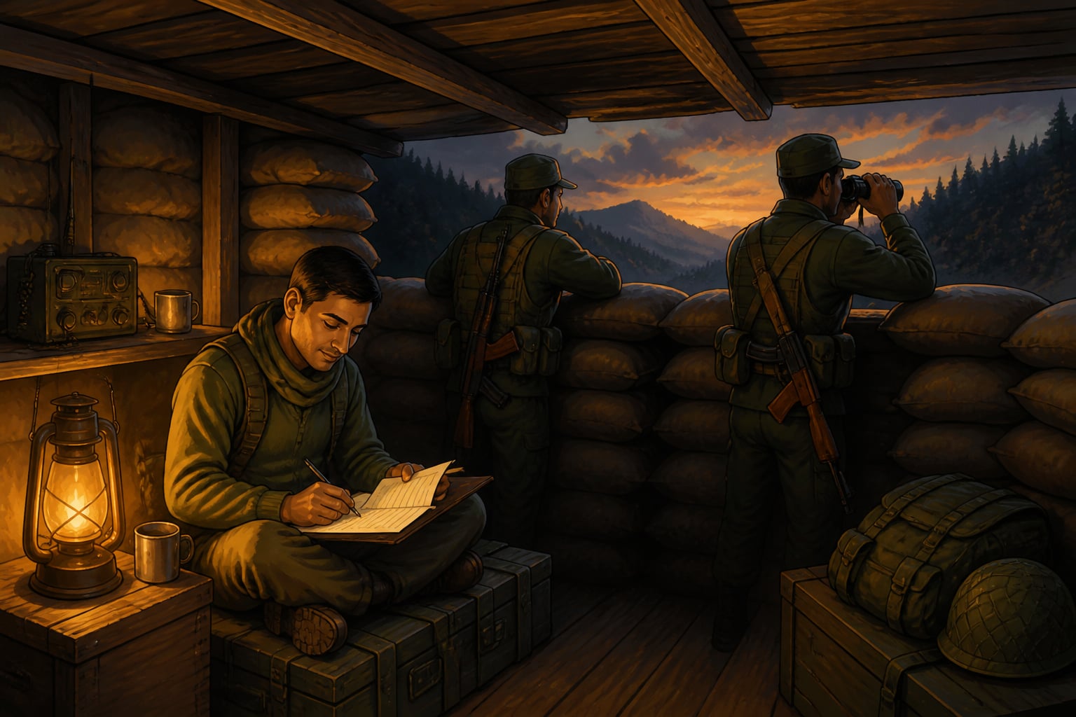 Soldiers on watch at a forward LOC bunker post at dusk