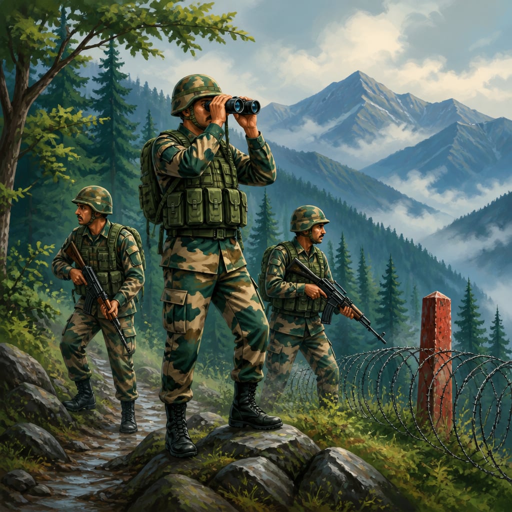 Indian Army patrol team moving along the Line of Control in Kashmir at dawn