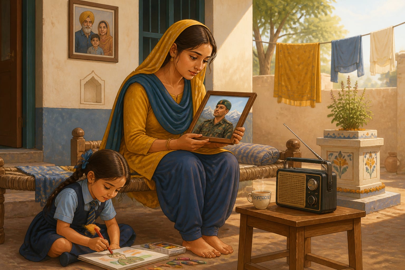 A soldier's wife waiting at her village home with her daughter