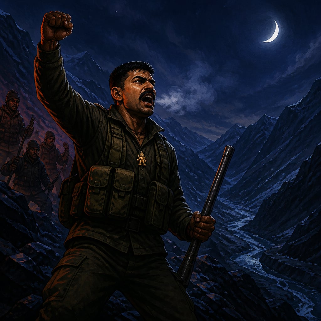 A Bihar Regiment jawan with iron rod in the Galwan valley at night