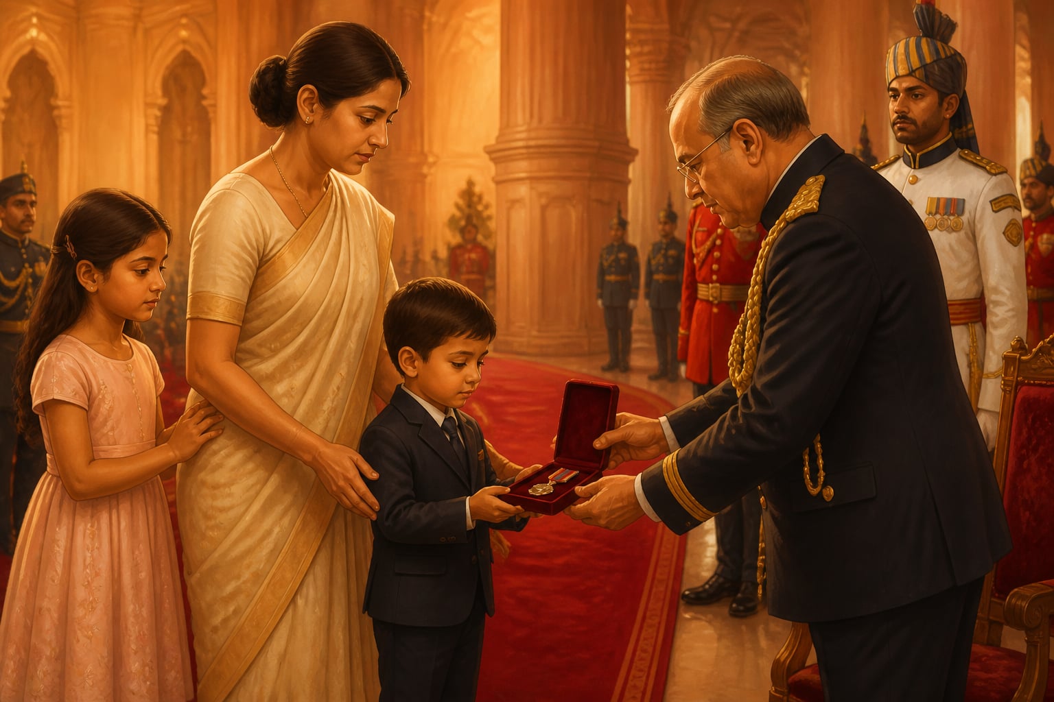 Anirudh receiving his father's Maha Vir Chakra at the Rashtrapati Bhavan investiture