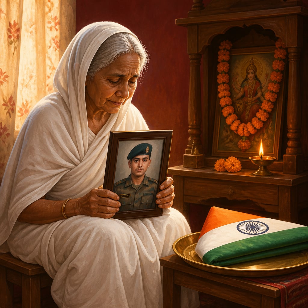 An elderly mother holding her martyr son's portrait at a home shrine