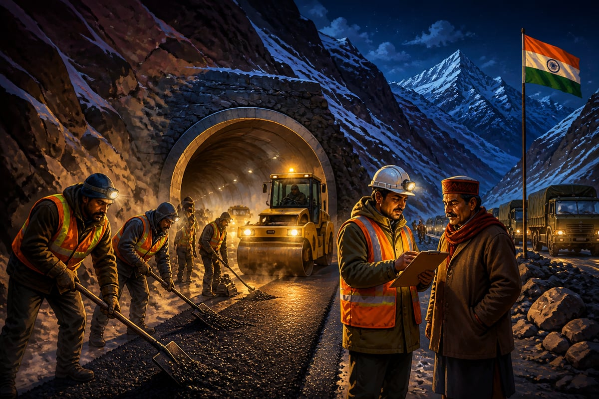 BRO workers laying road in the icy dark at the mouth of the Atal Tunnel