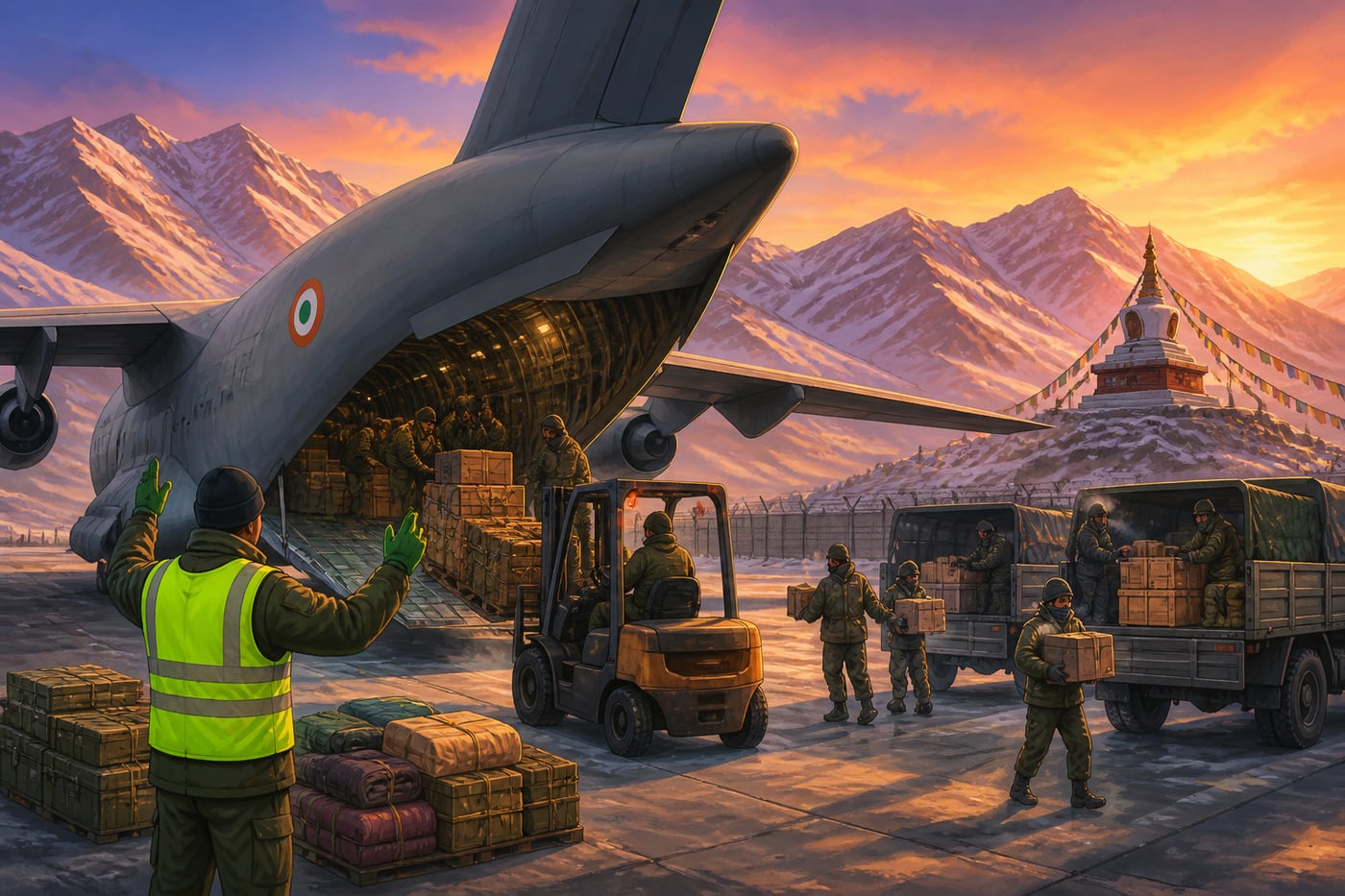 An IAF C-17 Globemaster unloading supplies at Leh airfield