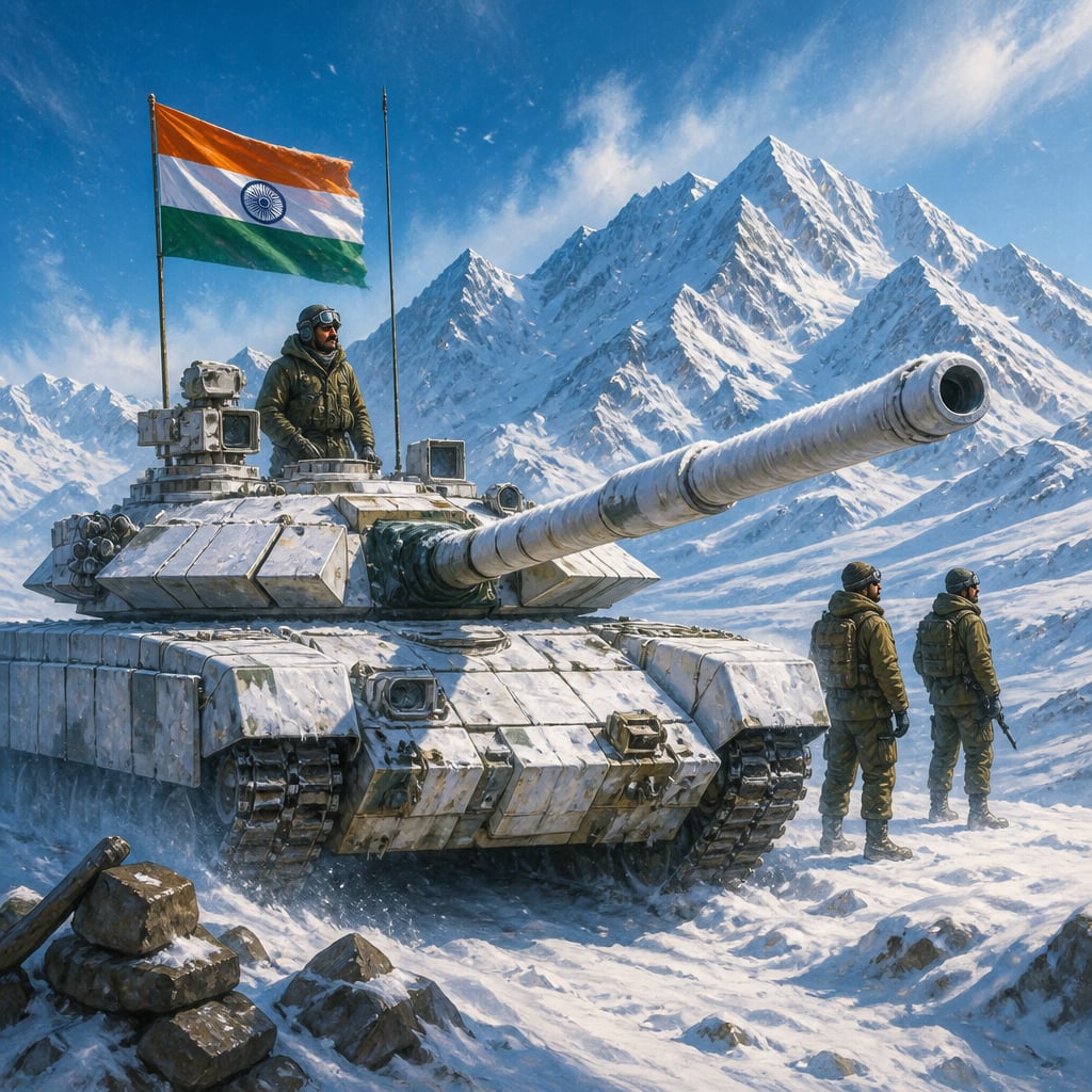 An Indian Army T-90 tank in winter camouflage at a high altitude Ladakh post