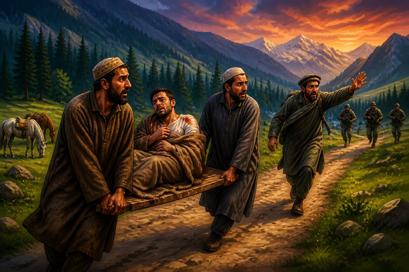 Kashmiri pony-wallahs carrying a wounded tourist out of the Baisaran meadow