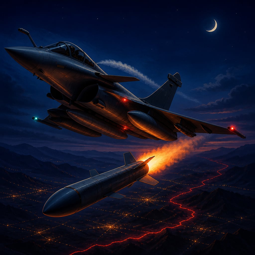 An IAF Rafale jet launching a SCALP cruise missile in night sky