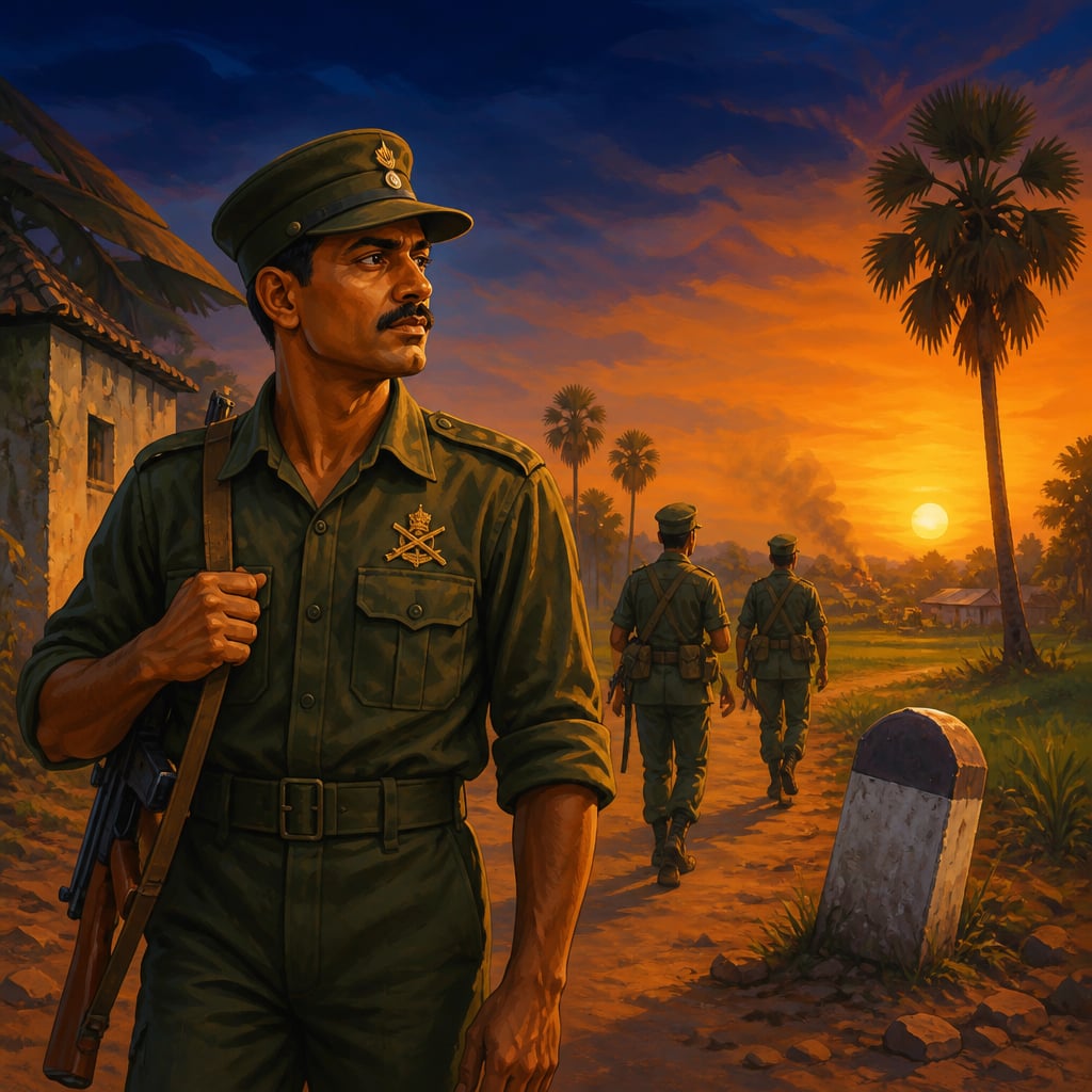 Major Parameshwaran on patrol in a Jaffna village lane at dusk