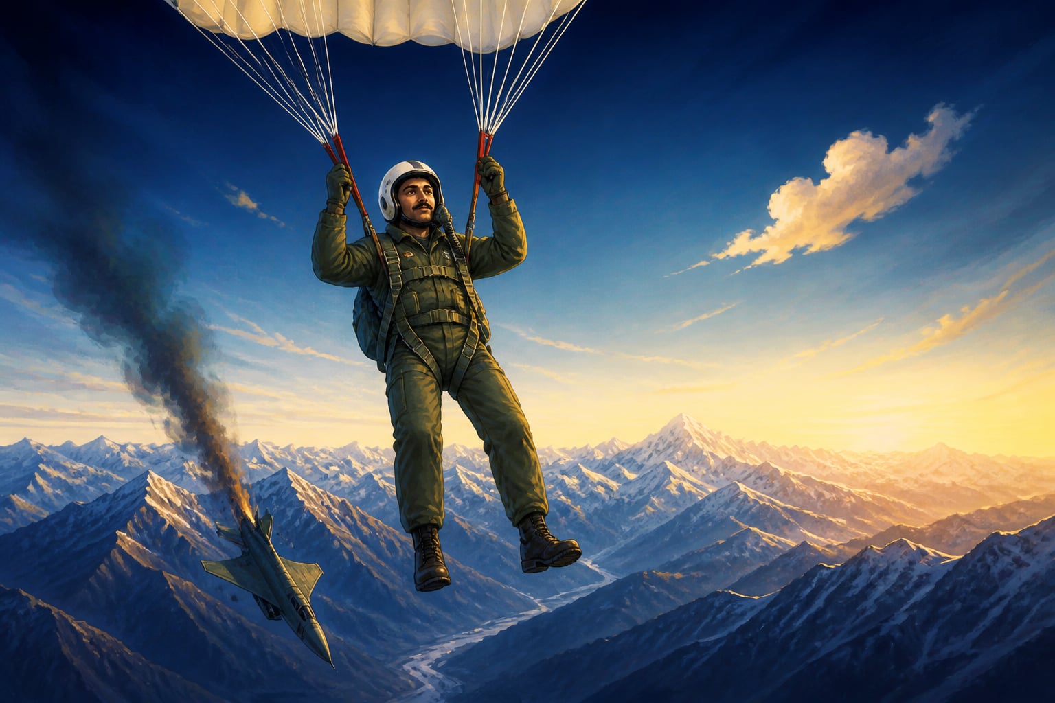 Squadron Leader Ajay Ahuja parachuting from his stricken MiG-21