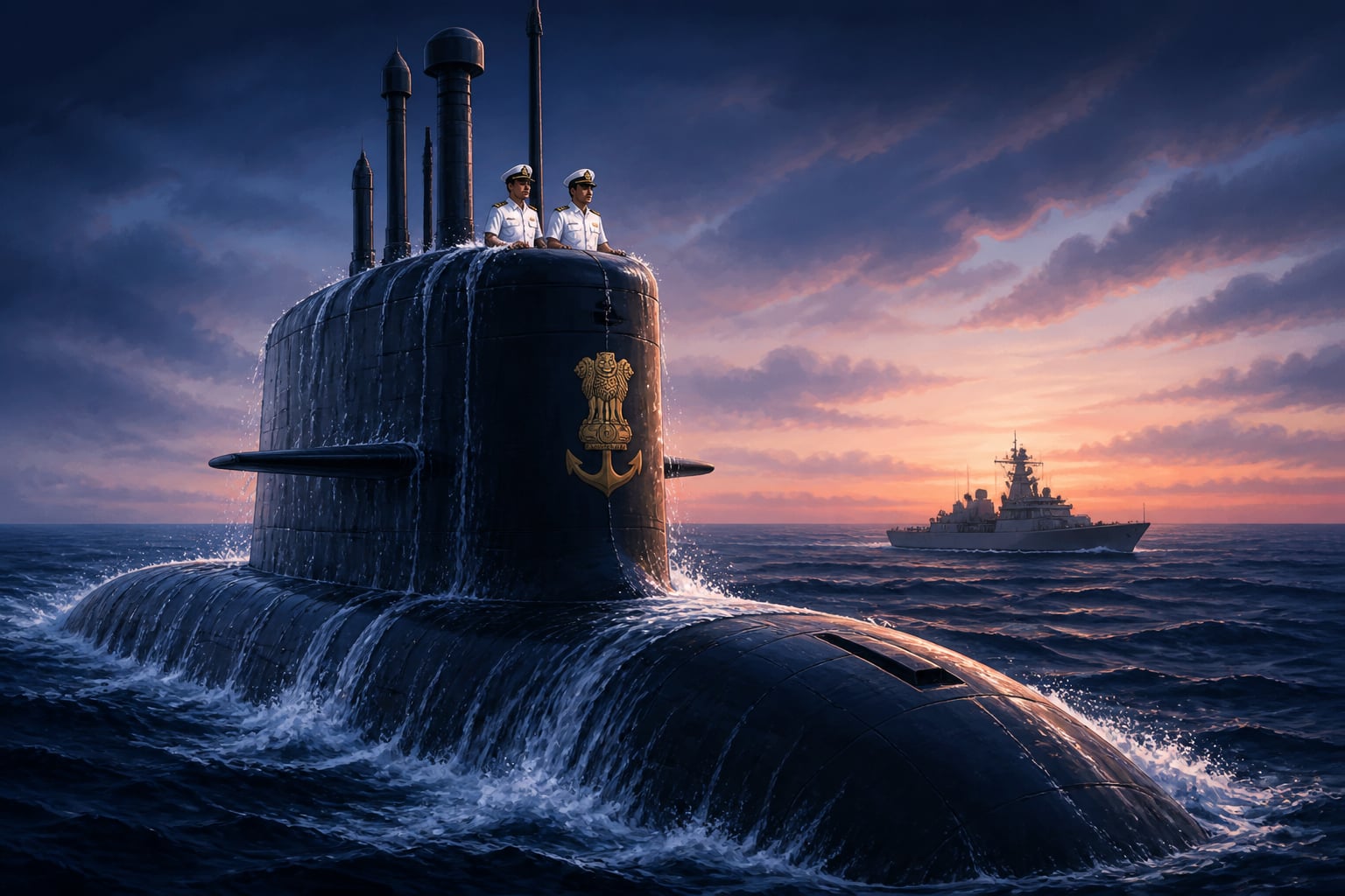 INS Arihant nuclear submarine surfacing at first light