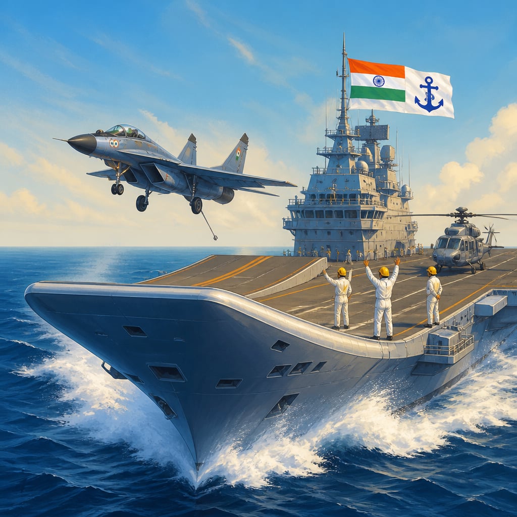 INS Vikrant at sea with a MiG-29K on final approach to her deck