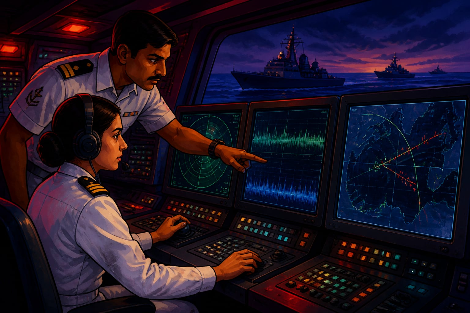 Naval electronic warfare operator at a SIVA console aboard a frigate