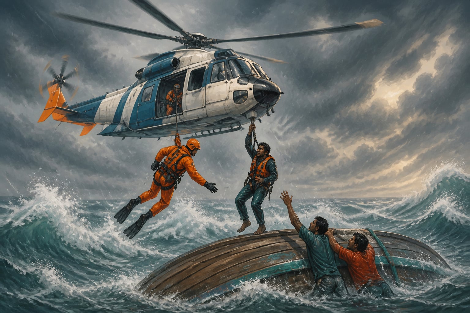 A Coast Guard helicopter rescuing fishermen from cyclonic Bay of Bengal seas