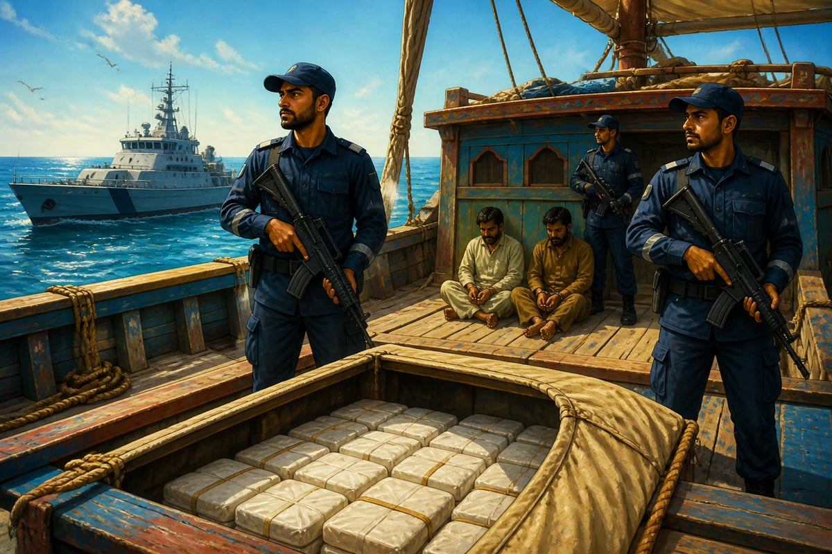 Coast Guard officers seizing heroin from a captured dhow off Gujarat