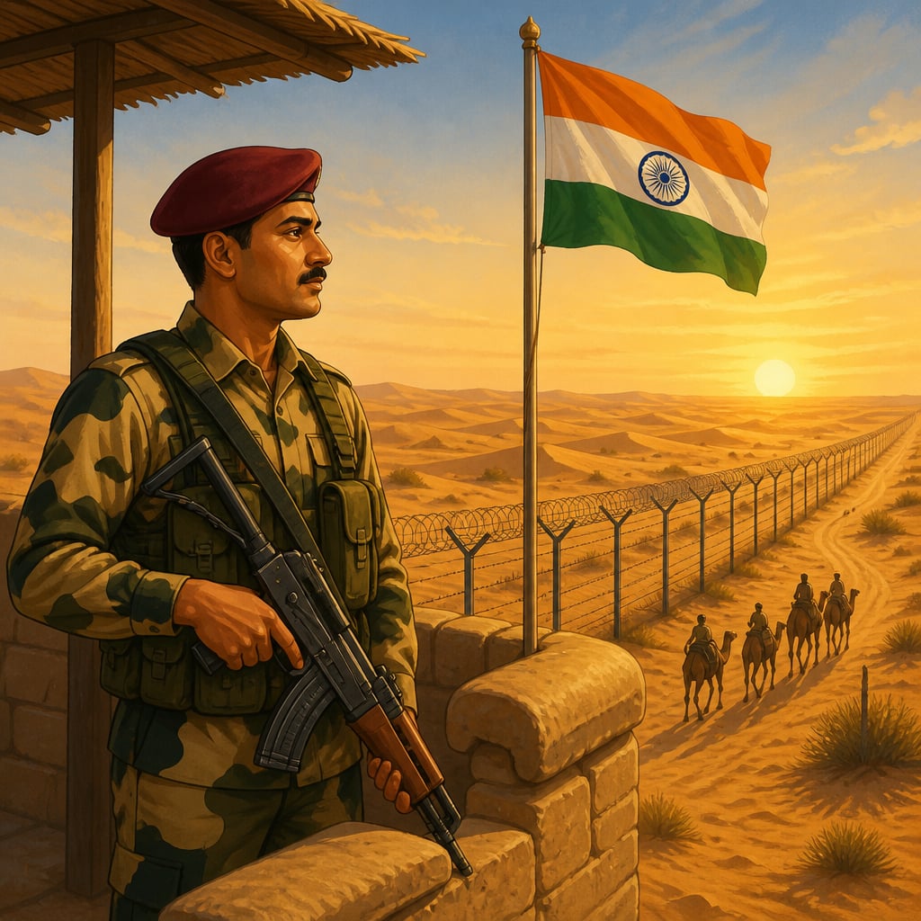 BSF jawan on watch at Thar Desert international border post at sunrise