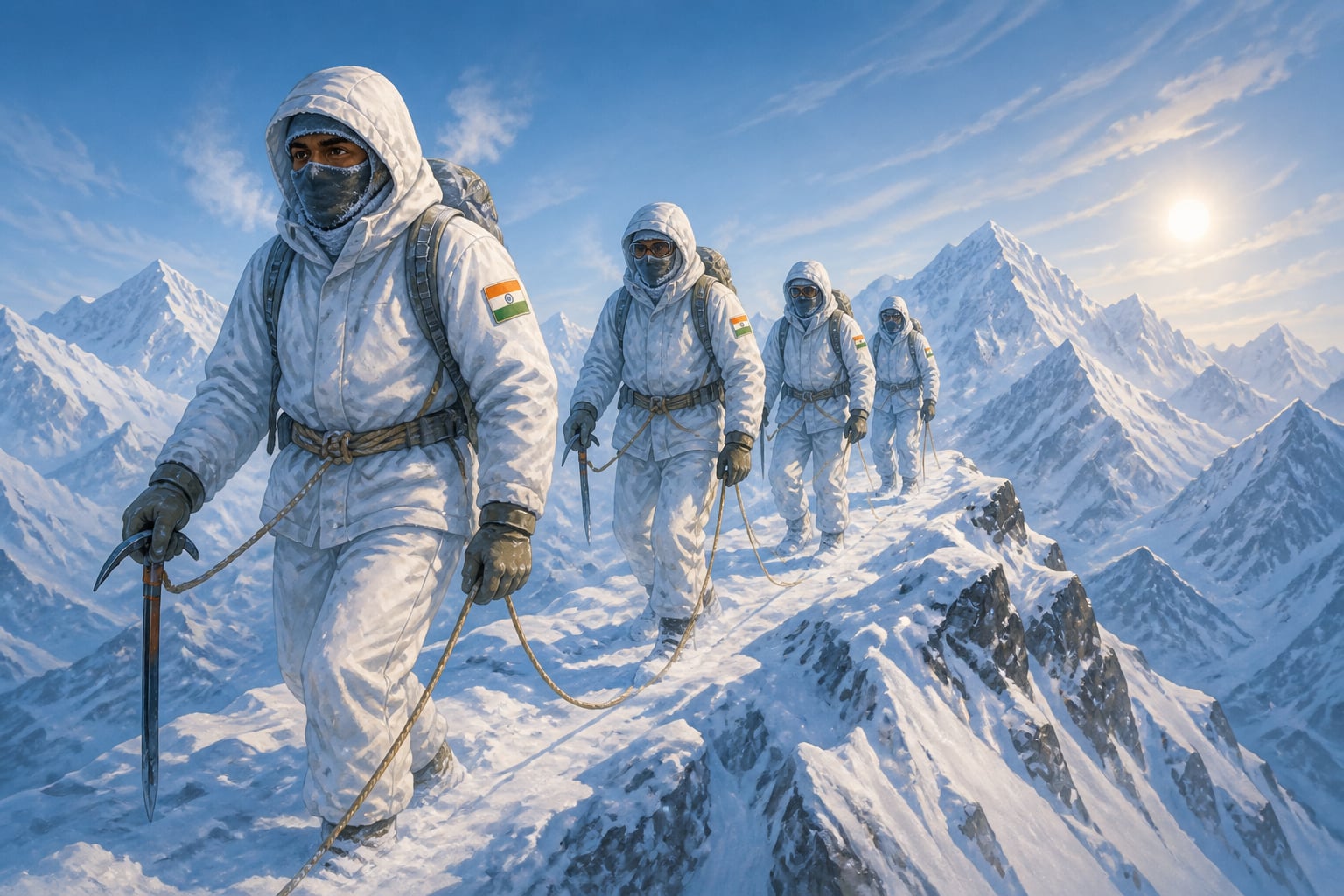 Roped ITBP Himveers patrolling a frozen Ladakh ridge at eighteen thousand feet