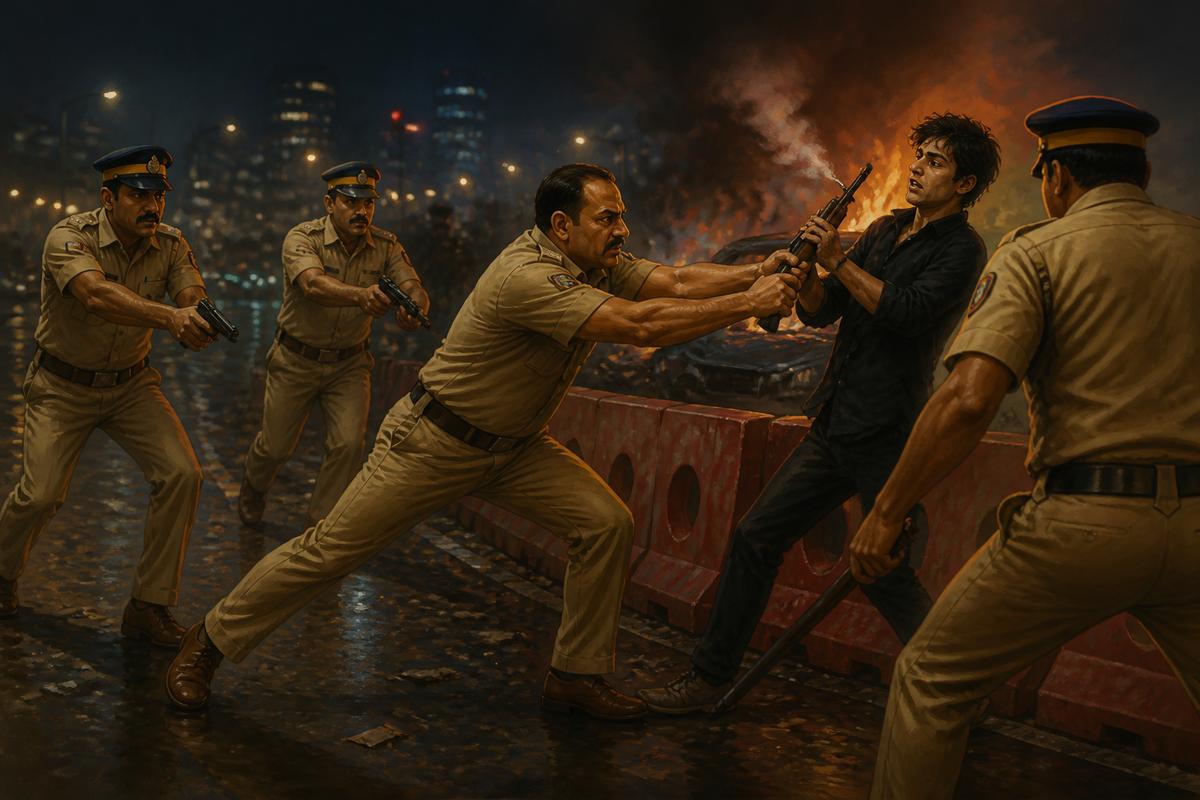 ASI Tukaram Omble grabbing Ajmal Kasab's rifle barrel at a Mumbai street