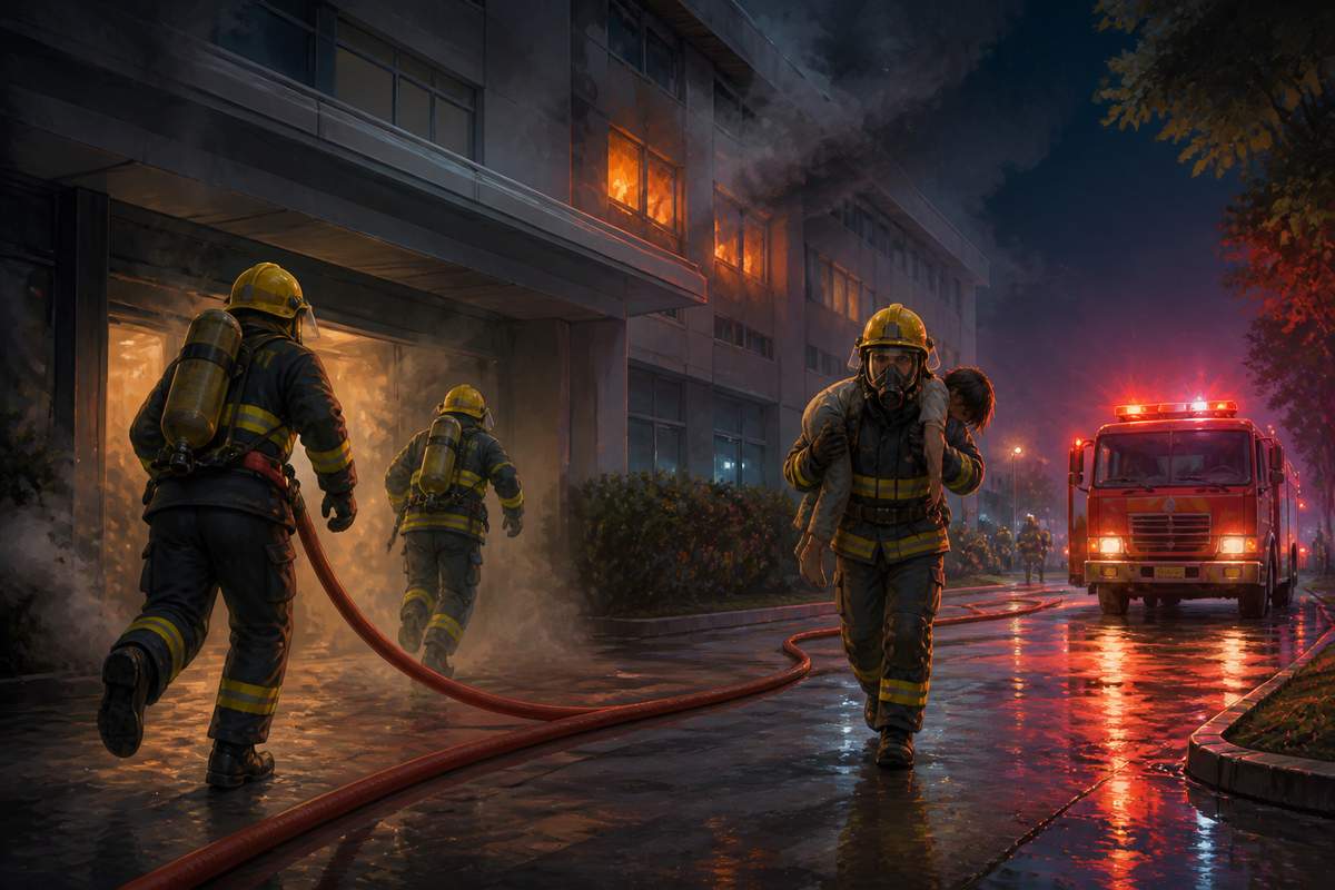 Mumbai firefighters running into the burning AMRI Hospital at night