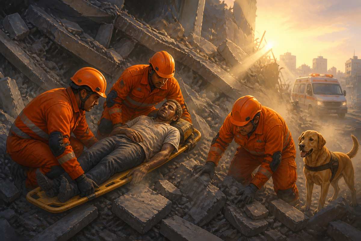 An NDRF team extracting an earthquake survivor from collapsed rubble at dawn