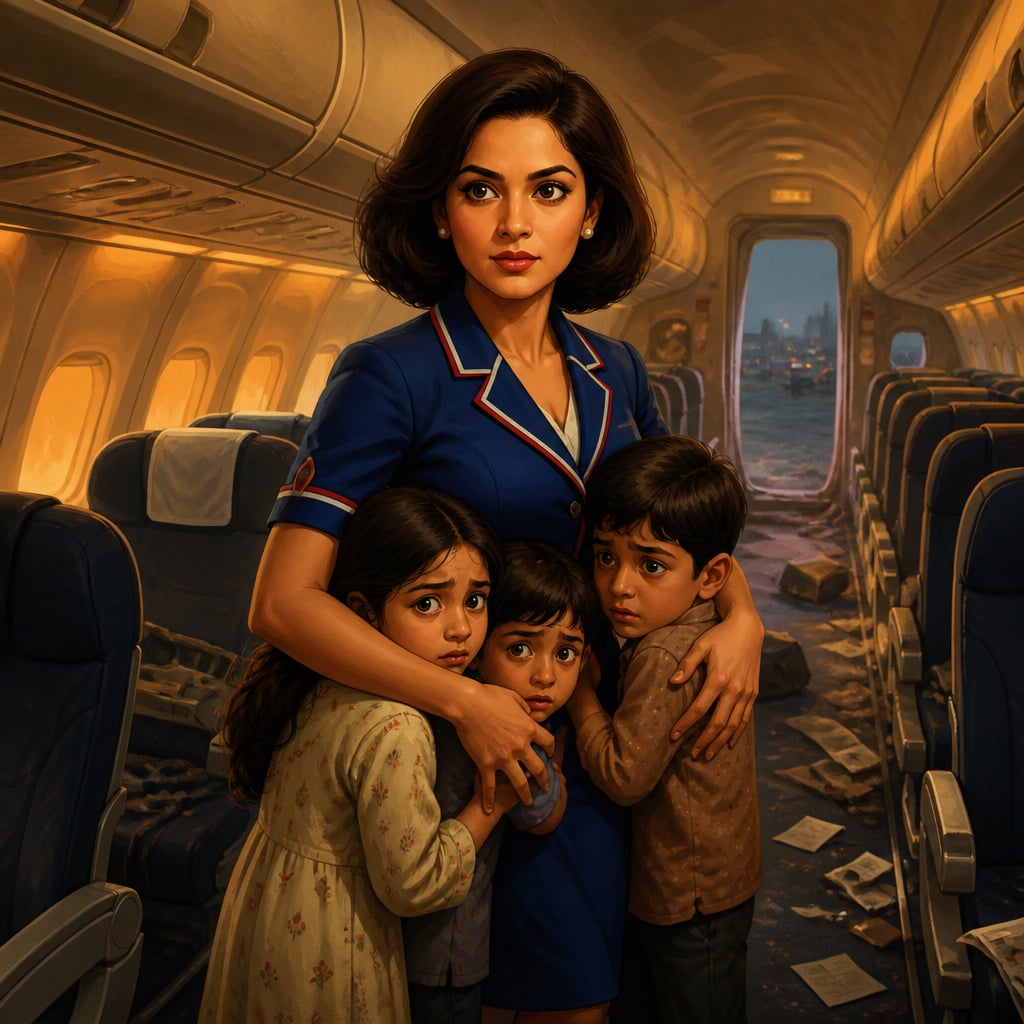 Neerja Bhanot in Pan Am uniform shielding three children on Pan Am 73