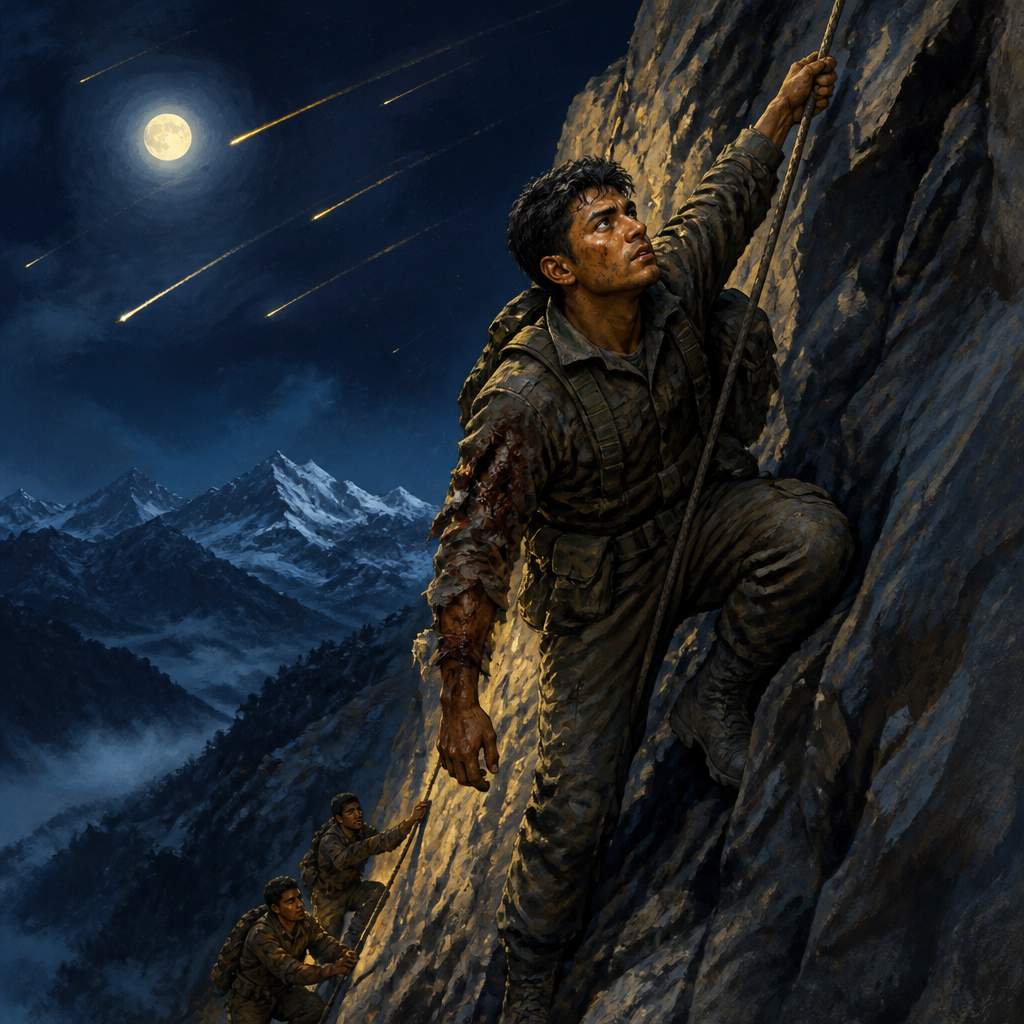 Grenadier Yogendra Singh Yadav climbing the cliff at Tiger Hill
