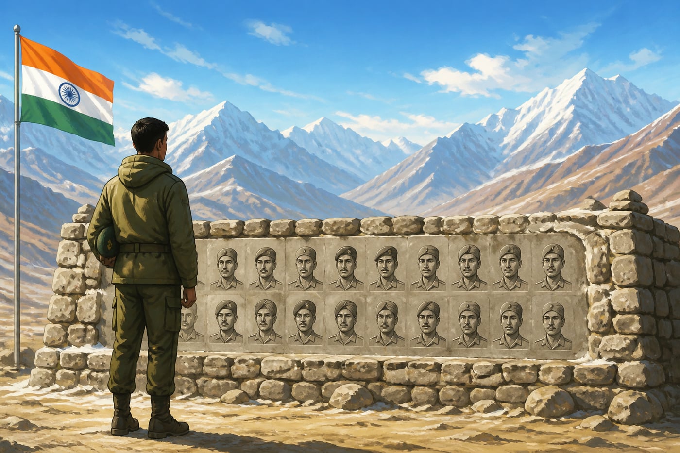 A soldier paying tribute at the Galwan Memorial in Ladakh