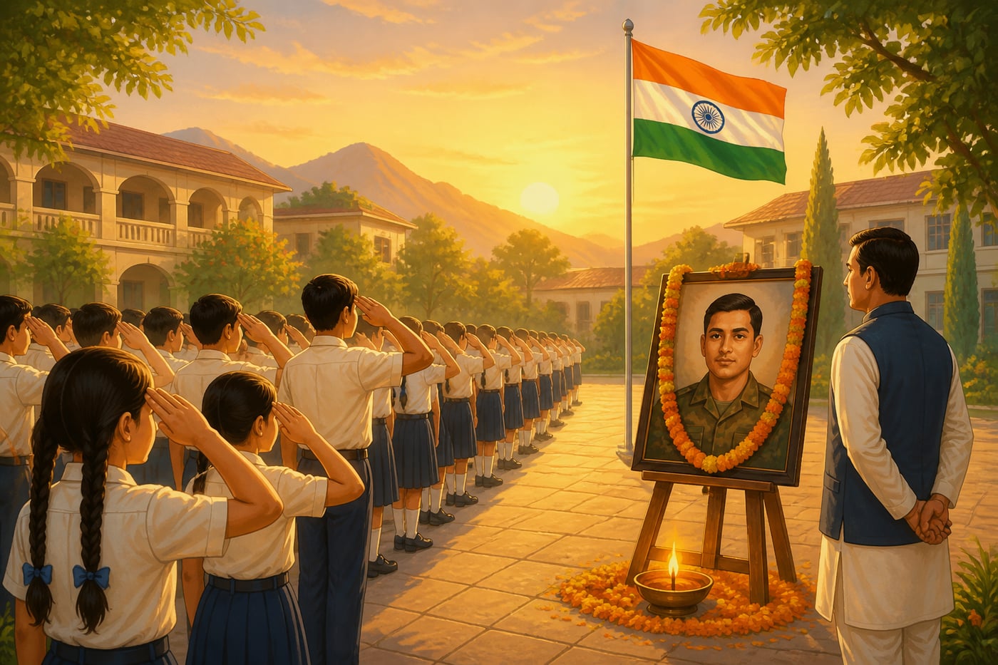 Indian schoolchildren saluting at morning assembly before a Param Veer portrait