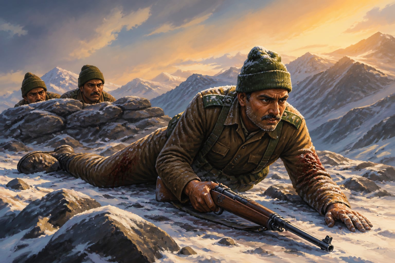 Major Shaitan Singh crawling toward the enemy at Rezang La 1962