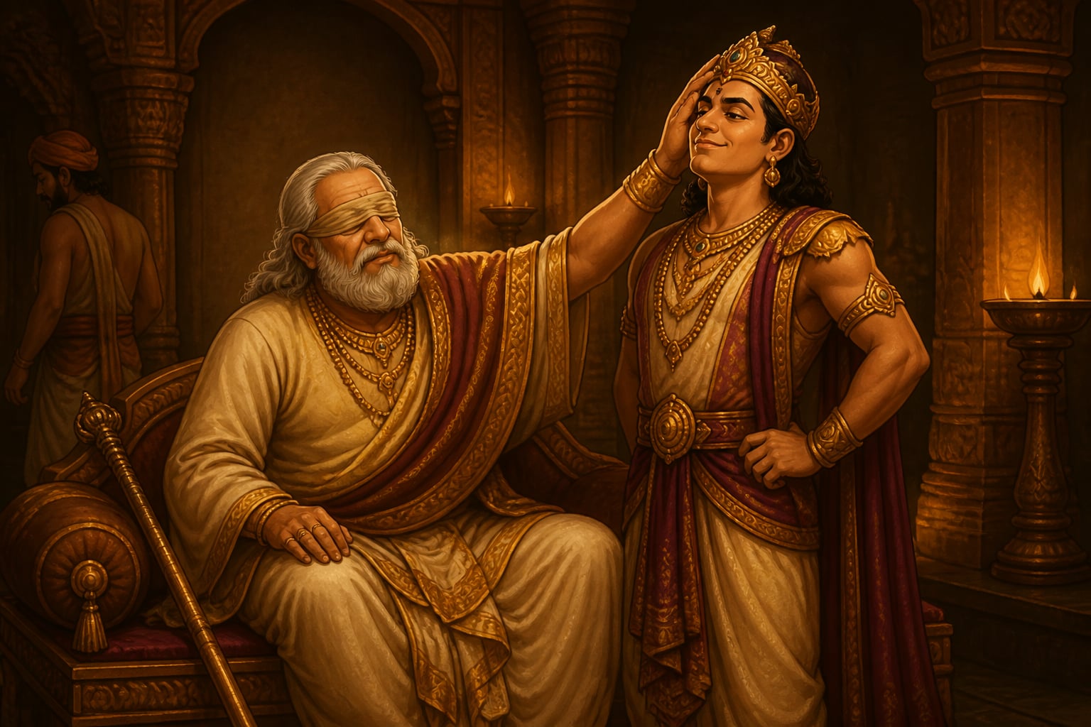 Dhritarashtra resting his hand on young Duryodhana in the Hastinapura court