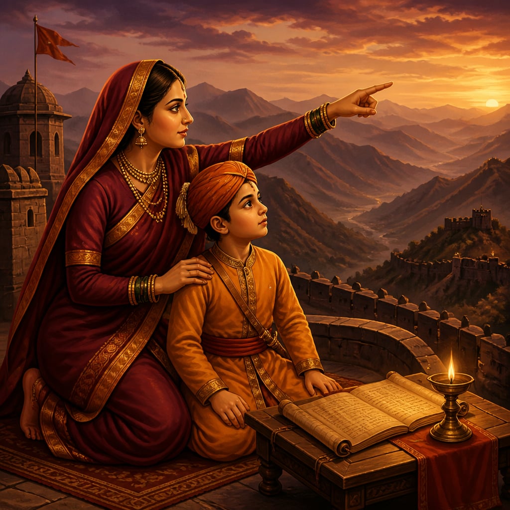 Jijabai kneeling beside young Shivaji on Shivneri fort at dusk, pointing to the Sahyadri ranges.