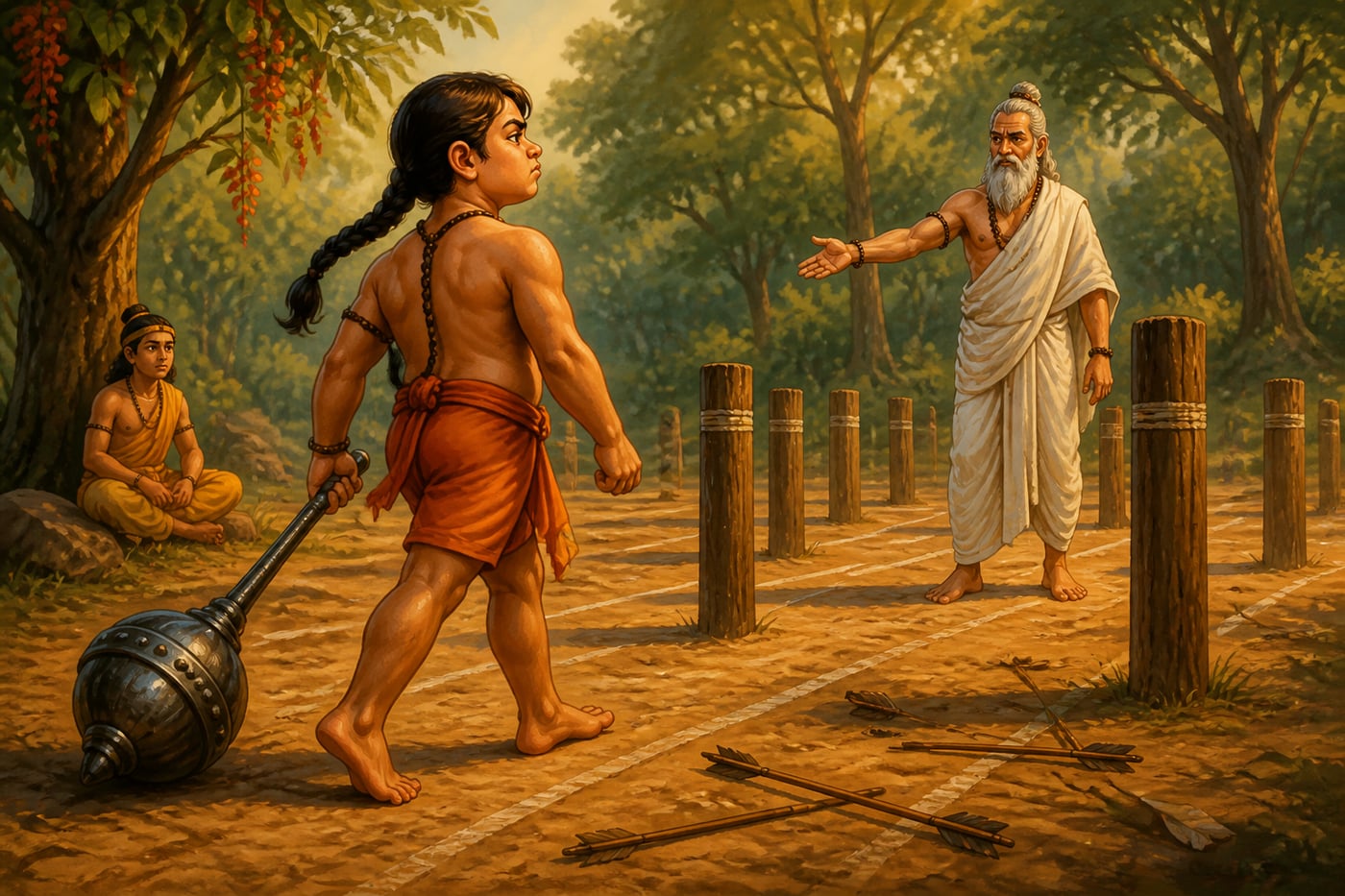 Young Bhima impatient under Drona's training in a forest clearing