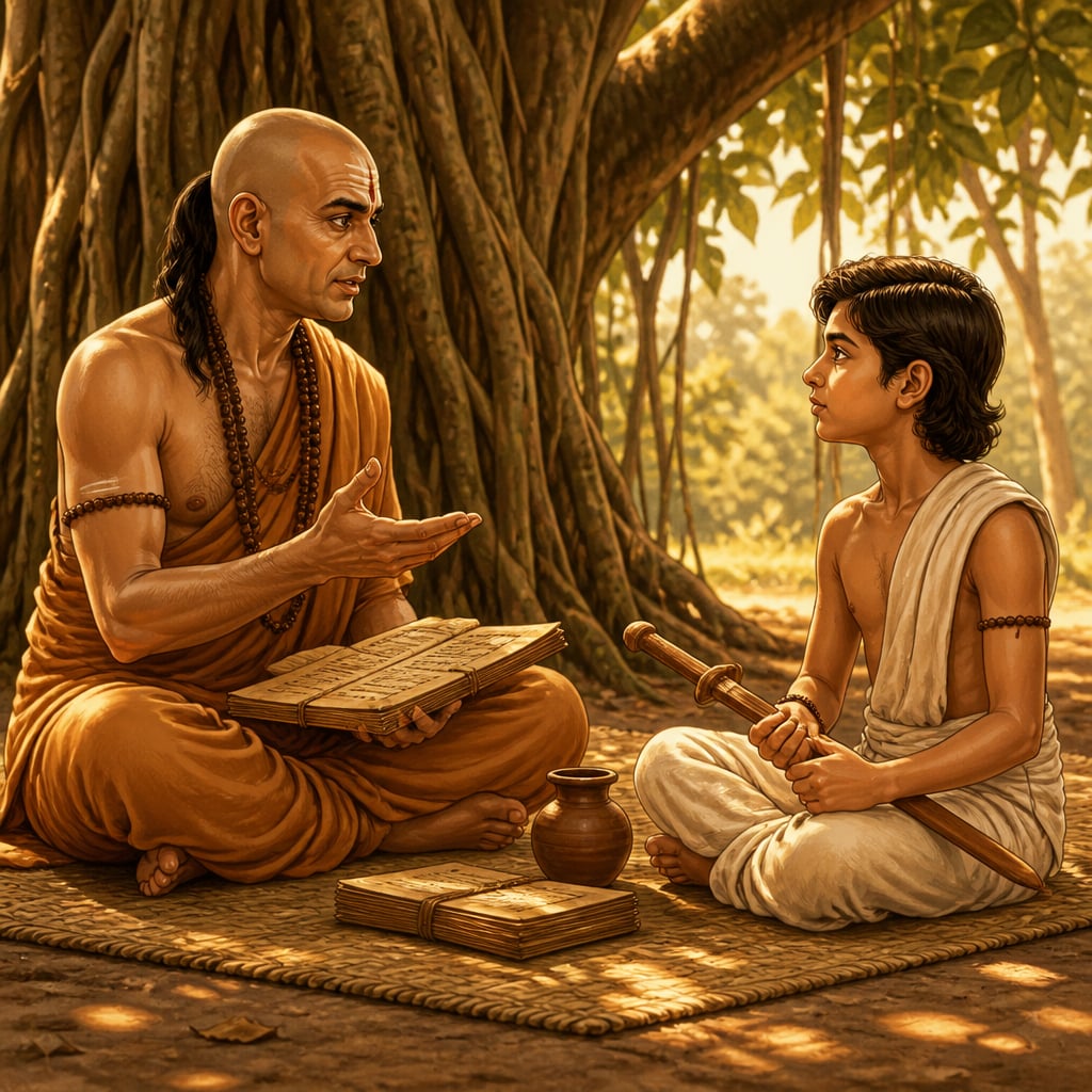 Chanakya teaching young Chandragupta under a banyan tree with a palm-leaf manuscript.