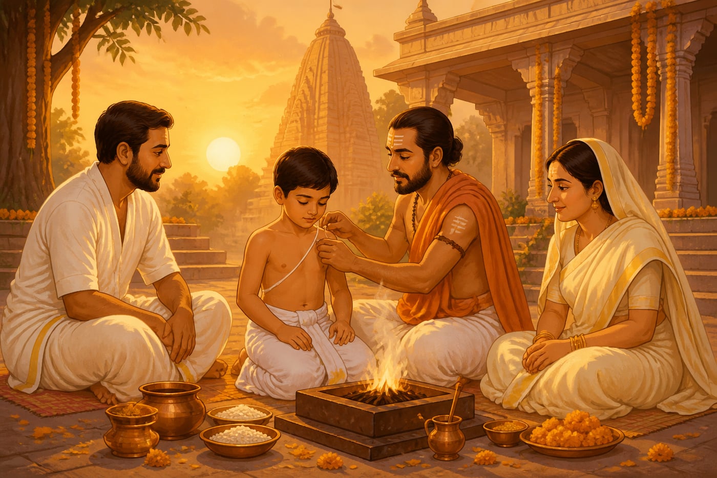 Upanayana sacred-thread ceremony at dawn in a temple courtyard
