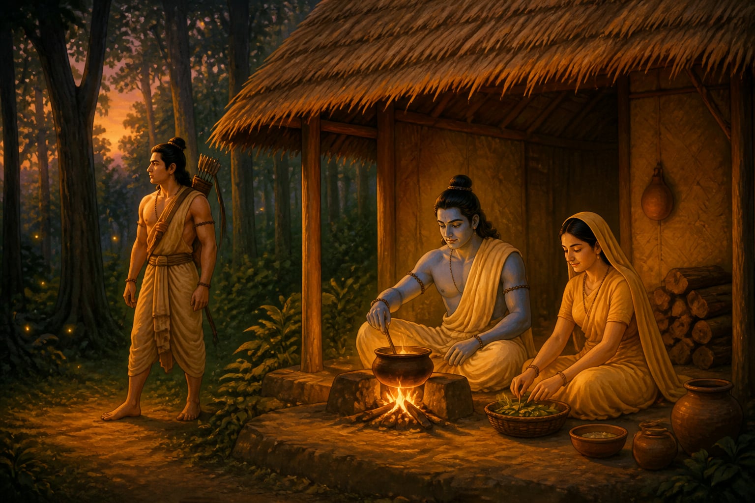Lakshmana guarding Rama and Sita at a forest ashram in exile