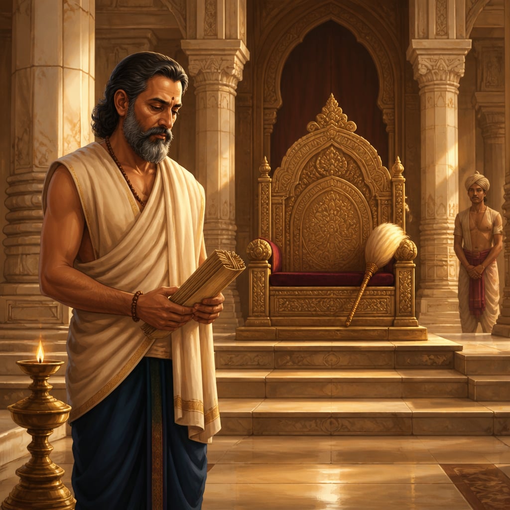 Vidura standing in the Hastinapura court holding a palm-leaf scroll beside an empty throne.