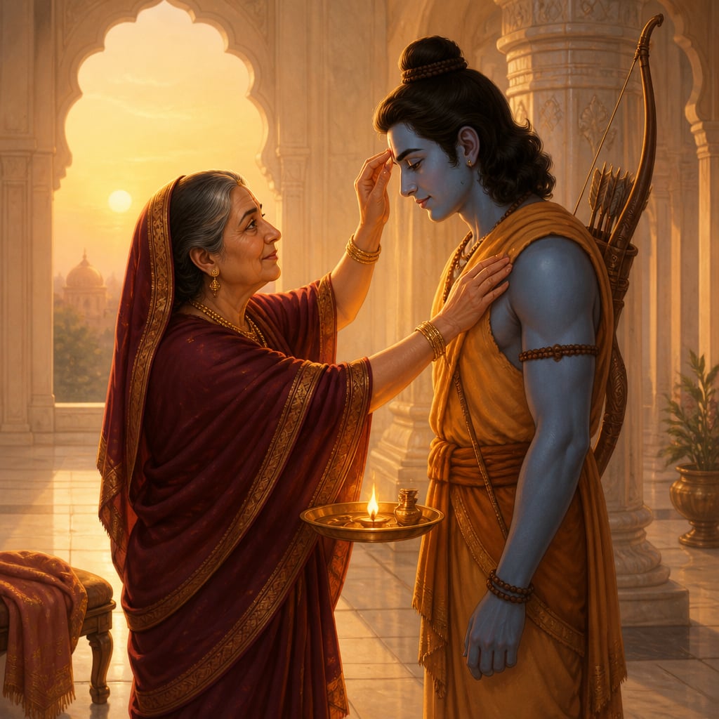 Queen Kausalya performs aarti and applies tilak on Rama as she blesses him before his forest exile.