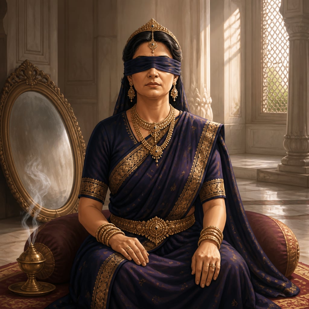 Queen Gandhari sits upright in her palace chamber, silk blindfold tied across her eyes, composure unbroken.