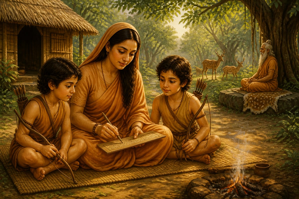 Sita teaching Luv and Kush in Valmiki's ashram