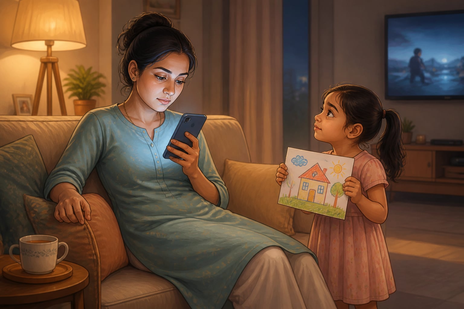 Modern parent absorbed by phone while child waits