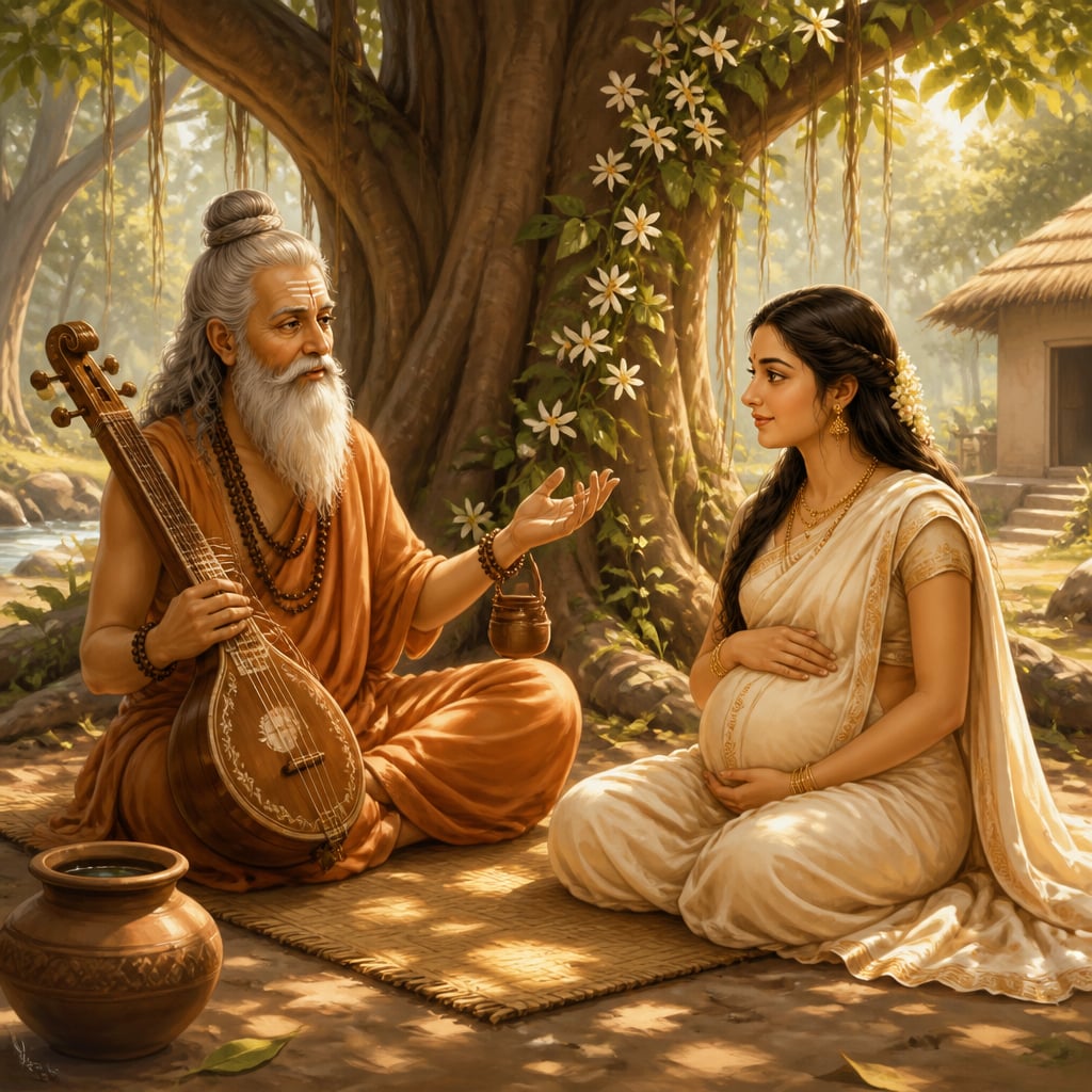 Sage Narada sits under a banyan with the pregnant queen Kayadu, reciting a quiet verse on a forest mat.