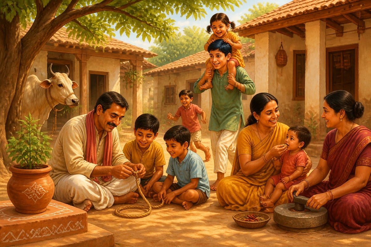 Village courtyard with multiple caregivers