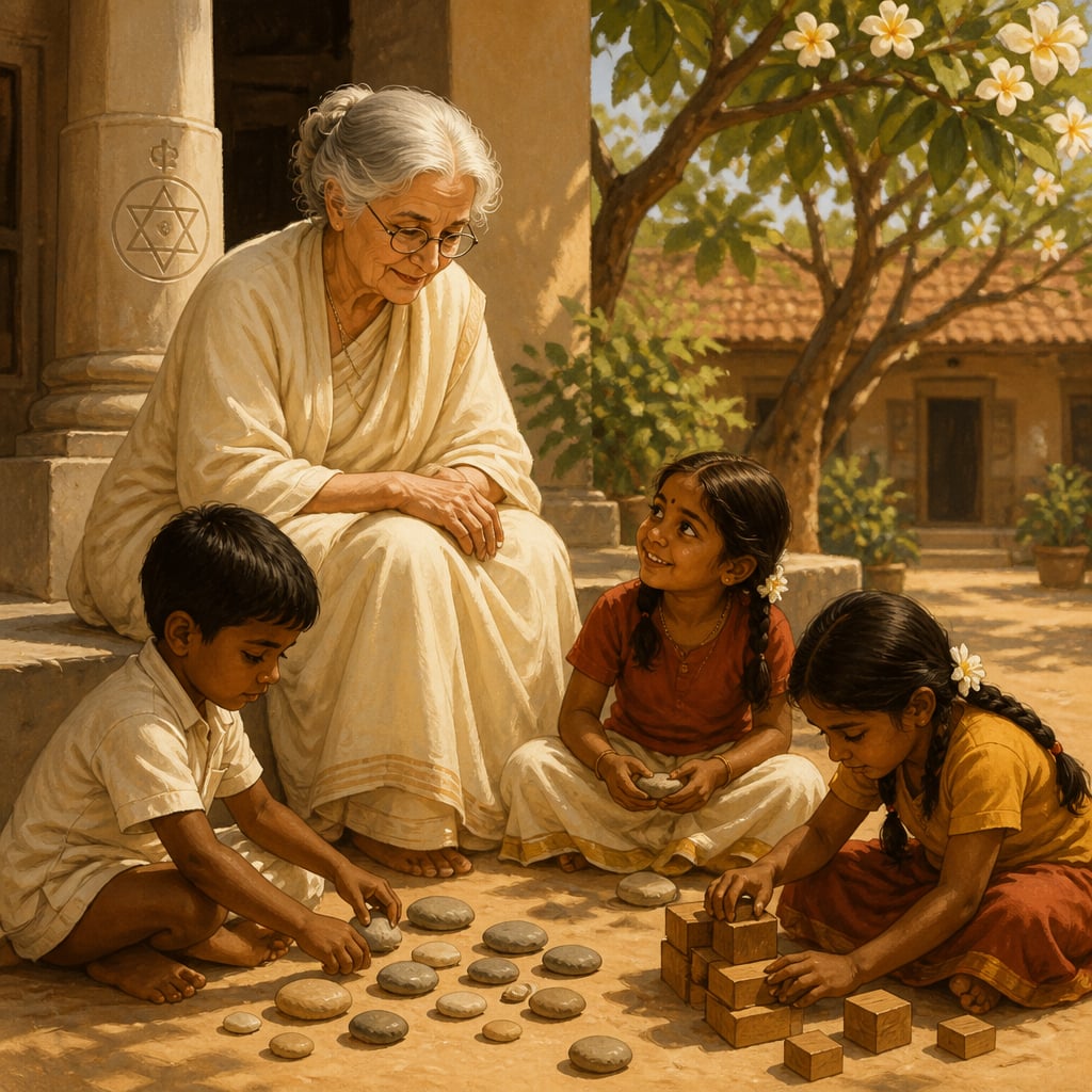 Maria Montessori on a veranda in 1939 Madras watching South Indian children play with river pebbles and wooden blocks.