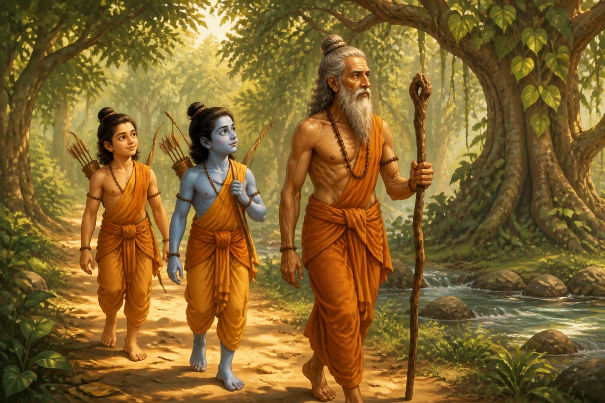 Vishvamitra leading young Rama through the forest
