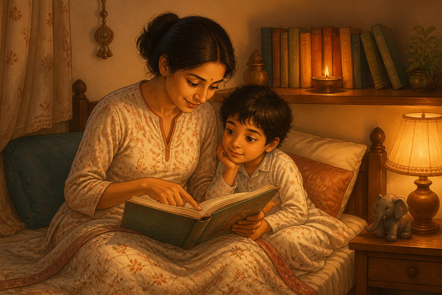 A mother reading aloud to her child at bedtime